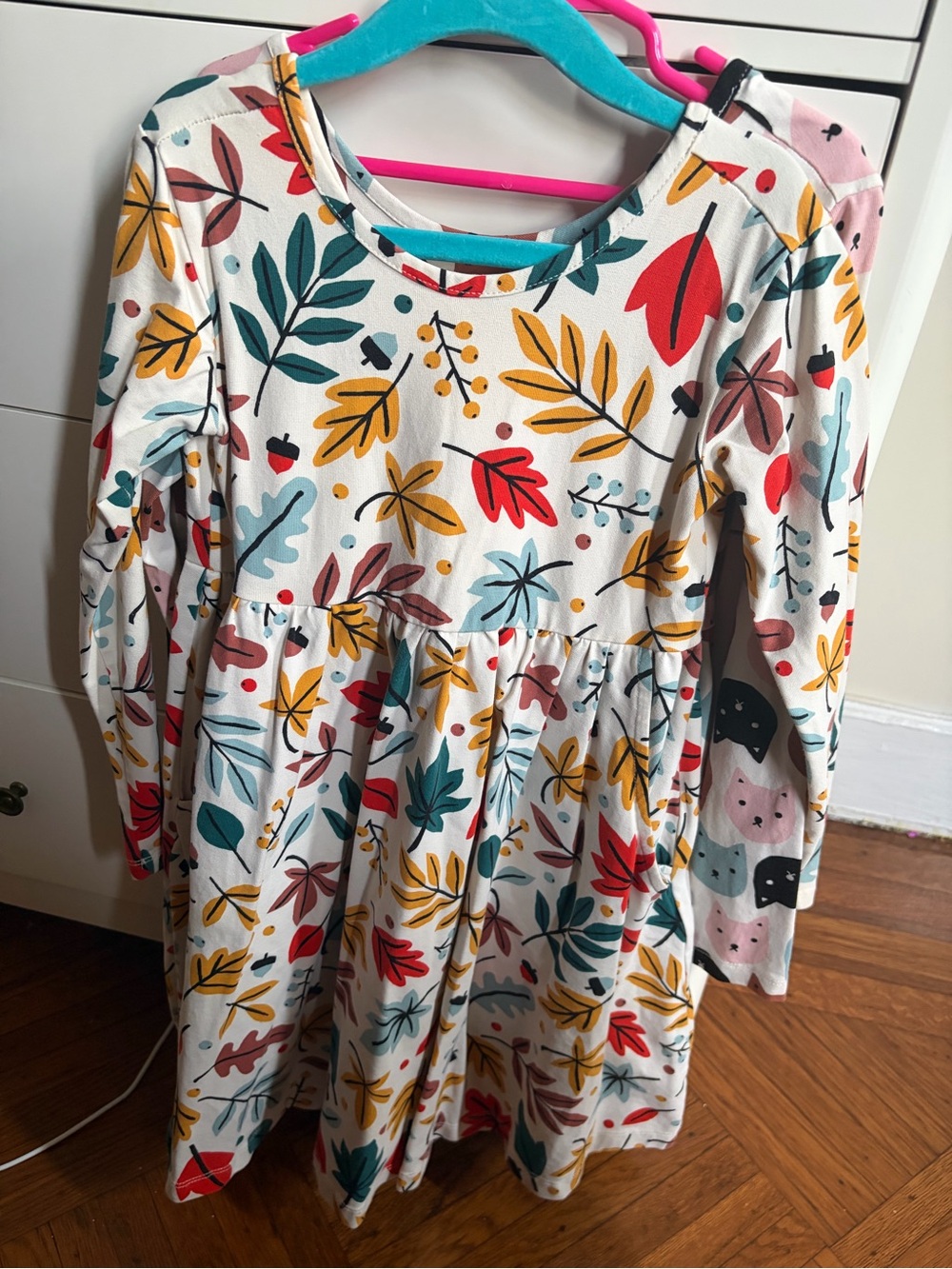 Hanna Andersson Cream Dress with Teal, Mustard & Red Leaf Print